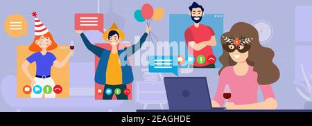 la gente in cappelli festosi che festeggiano la corsa del mix di festa di compleanno online uomini donne in finestre di computer che hanno divertimento celebrazione auto isolamento riunione virtuale Illustrazione Vettoriale