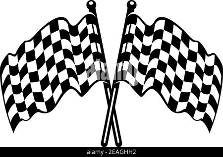 Due bandiere a scacchi incrociate in bianco e nero con il tessuto ondeggiando nella brezza come usato sulla linea di rifinitura negli sport motoristici Illustrazione Vettoriale