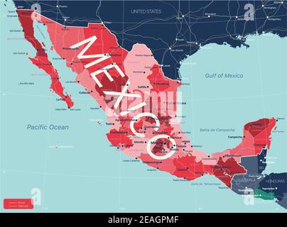 Paese del Messico Mappa dettagliata modificabile con regioni città e città, strade e ferrovie, siti geografici. File vettoriale EPS-10 Illustrazione Vettoriale