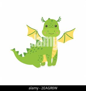 Carino drago verde cartoon, illustrazione vettoriale isolata Illustrazione Vettoriale