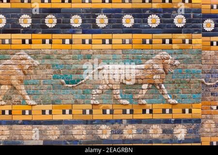 Berlino, Germania i leoni su mattoni smaltati adornano la via processionale ricostruita dalla porta di Ishtar al Museo Pergamon. Foto Stock