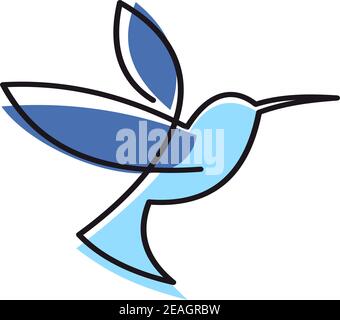 Hummingbird blu stilizzato con contorno nero isolato bianco Illustrazione Vettoriale