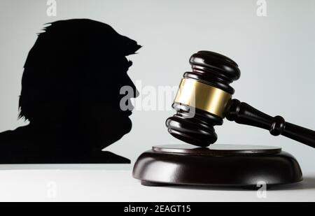 Donald Trump deve far fronte a un processo di impeachment. Concetto. Giudice gavel sulla parte anteriore e Donald Trump ha offuscato la silhouette sullo sfondo bianco dello schermo. Foto Stock