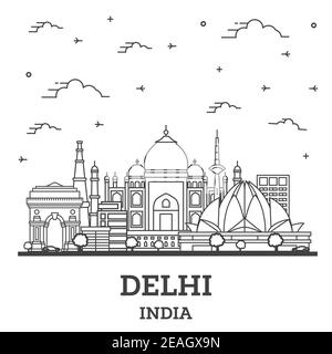 Delineare Delhi India skyline della città con edifici storici isolati su bianco. Illustrazione Vettoriale. Delhi Cityscape con punti di riferimento. Illustrazione Vettoriale