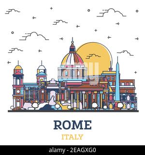 Delineare Roma Italia skyline della città con edifici di colore isolato su bianco. Illustrazione Vettoriale. Roma Paesaggio con punti di riferimento. Illustrazione Vettoriale