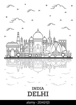 Delineare Delhi India skyline della città con edifici storici e di riflessioni isolato su bianco. Illustrazione Vettoriale. Delhi Cityscape con punti di riferimento. Illustrazione Vettoriale