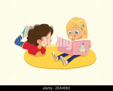illustrazione di due ragazze amiche che leggono il libro in un angolo del libro nell'asilo. Isolato. Illustrazione Vettoriale