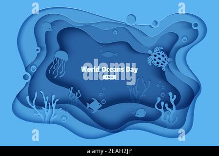 Giornata mondiale degli oceani 8 giugno. La carta artigianale subacquea grotta di mare con pesci, barriera corallina, fondali marini in alghe, onde. Concetto di immersione, vita marina blu profondo Illustrazione Vettoriale