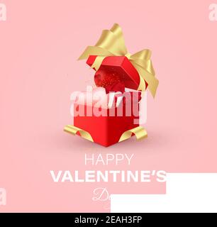 Design della giornata di San Valentino. Scatole da regalo rosse realistiche. Apri la confezione regalo piena di oggetti decorativi per le feste. Banner per le festività, poster sul Web, volantino, brochure elegante Illustrazione Vettoriale