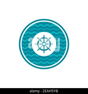 Etichetta blu nautico della plancia isolata in bianco. Simbolo del volante dell'imbarcazione. Etichetta timone. Illustrazione marittima. Mare e oceano Symbol.Vector flat i Illustrazione Vettoriale