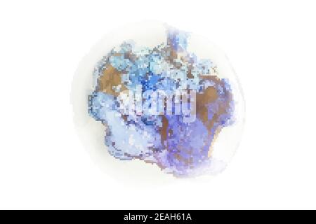 Inchiostro liquido, sfondo astratto in oro, blu e viola a forma rotonda Illustrazione Vettoriale