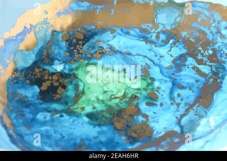 Inchiostro liquido, sfondo astratto nei colori oro, blu e verde Illustrazione Vettoriale
