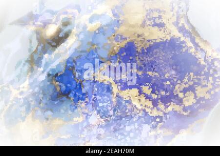Inchiostro liquido, sfondo astratto in oro, blu e viola Illustrazione Vettoriale