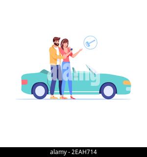 I personaggi della famiglia dei cartoni animati flat comprano o noleggiano auto, concetto di illustrazione vettoriale Illustrazione Vettoriale