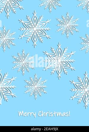Buon Natale, festa, biglietto d'auguri e di invito per la celebrazione, banner, cornice, intestazione, cartolina. Modello di layout. Fiocchi di neve bianchi su blu Illustrazione Vettoriale