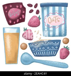 Farina d'avena e succo di frutta per la colazione illustrazione digitale disegnata a mano su sfondo bianco. Ricetta di cottura alla granola con succo d'arancia, fragola, uva passa e avena. Foto Stock