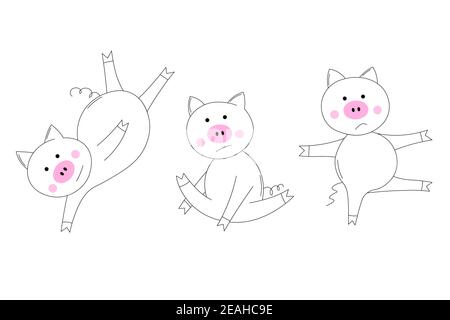 Set di animali. Il maialino fa esercizi, va in per gli sport. Libro da colorare per bambini. Colorare le immagini con il maiale carino. Illustrazione vettoriale del contorno Illustrazione Vettoriale