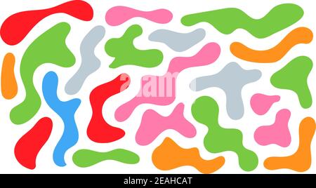 Colore blob irregolare, insieme di forme organiche astratte. Astratti i blob casuali irregolari. Semplice liquido amorfo Splodge. Forme liquide blu arancio. Design minimal alla moda per presentazioni, striscioni, poster e volantini Illustrazione Vettoriale