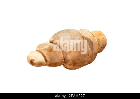 croissant acquerello isolato su sfondo bianco. Illustrazione fatta a mano dei dolci francesi per colazione. Foto Stock