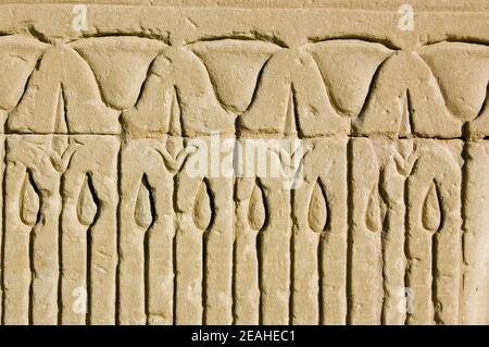 Primo piano di un antico fregio in pietra egiziana scolpito di fiori di loto in un letto di canna. Parete esterna del Tempio di Horus, Edfu, Egitto. Foto Stock