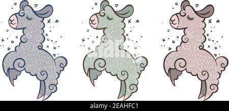 Collezione di graziose llama ricci in diversi colori con bordi. Illustrazione vettoriale per pagine da colorare, stampe per bambini e pubblicazioni Illustrazione Vettoriale