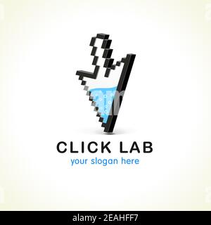 Fare clic sul segno dei pixel con la freccia. Fare clic sull'icona vettore di laboratorio. Puntatore pieno di acqua, computer o simbolo delle impostazioni dello smartphone. Logo per il web design business Illustrazione Vettoriale