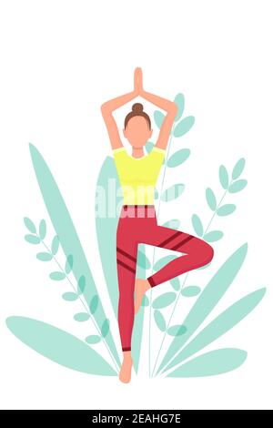 Donna pratica yoga per strada. Vettore, la ragazza entra per lo sport. Stile di vita sano, meditazione. Quarantena, sport di isolamento. Concetto, cartone animato Illustrazione Vettoriale