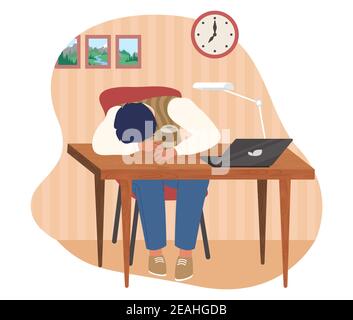 Stanco lavoratore d'ufficio che dormiva alla scrivania, immagine vettoriale piatta. Dipendente assonnato. Illustrazione Vettoriale