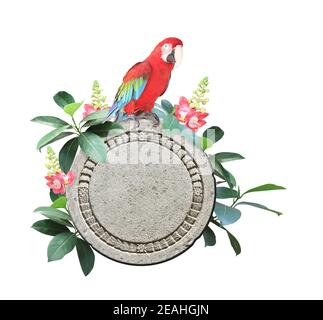 Pietra vecchia, pappagallo di Ara macao, fiori e foglie di piante tropicali. Simbolo di pietra della giungla con fiori rossi, foglia verde e Macaw scarlatto. Isolato su bianco Foto Stock