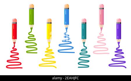 Matite colorate per bambini per disegnare in stile piatto. Icona a forma di matita diversa vettoriale. Vettore isolato su sfondo bianco. Illustrazione Vettoriale