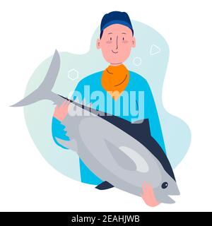 i pescatori mostrano il tonno grande la sua cattura con cartone animato stile piatto Illustrazione Vettoriale