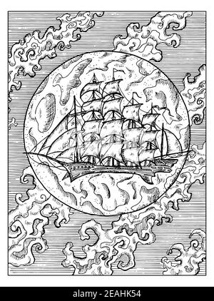 Illustrazione marina in bianco e nero con vecchia nave a vela o barca a vela contro la luna piena e le nuvole. Disegni nautici vettoriali, concetto di avventura, colore Illustrazione Vettoriale