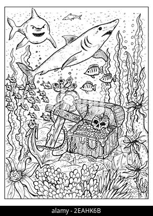 Illustrazione marina in bianco e nero con scrigno sul fondo marino, squali e vecchia ancora. Disegni nautici vettoriali, concetto di avventura, colorazione bo Illustrazione Vettoriale