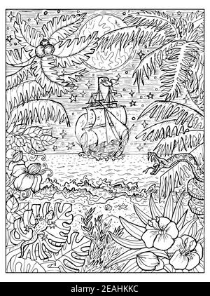 Illustrazione marina in bianco e nero con vecchia barca a vela e natura selvaggia dell'isola del tesoro con palme e mare. Disegni nautici vettoriali, avventura Illustrazione Vettoriale