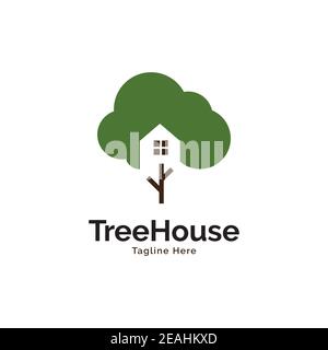 Modello vettoriale di disegno del logo di ispirazione della casa dell'albero Illustrazione Vettoriale
