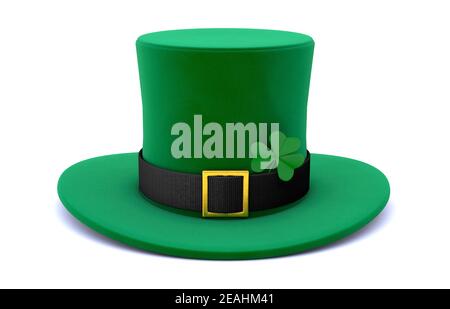Giorno di San Patrizio. Cappello verde Leprechaun con Clover. Isolato su sfondo bianco. rendering 3d. Foto Stock