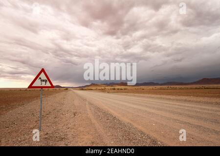 Un segno di attenzione per la fauna selvatica con una zebra su una polverosa Strada sterrata in Namibia Foto Stock