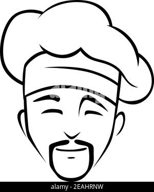 Illustrazione dello schizzo della faccia di un doodle in bianco e nero un cuoco cinese sorridente con una barba al pizzetto che indossa una cappello o toque tradizionale Illustrazione Vettoriale
