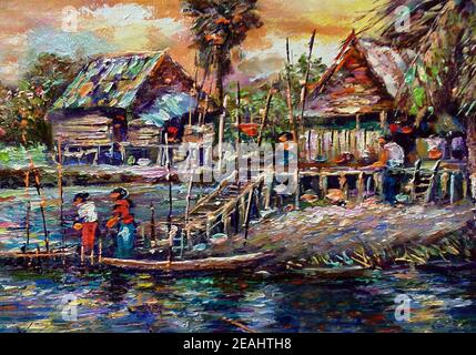 originale arte impressionista pittura ad olio mercato galleggiante damnoen saduak campagna tailandia e siam terra di sorrisi Foto Stock