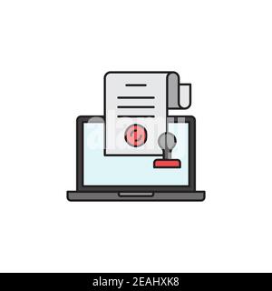 Icona del timbro notarile elettronico online, colore, linea, segno vettoriale di contorno, pittogramma stile lineare isolato su bianco. Simbolo, illustrazione del logo Illustrazione Vettoriale