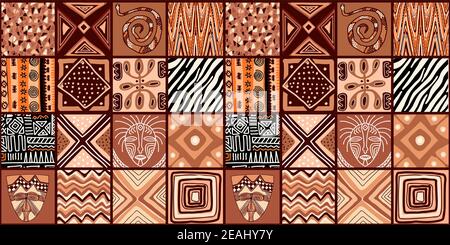 MODELLO DI TENDENZA ETNICA. VERNICIATURA IN STILE AFRICANO. MODELLO AFRICANO SENZA GIUNTURE. MODELLO TRADIZIONALE. DISEGNI MANUALI PRIMITIVI MINIMI. Illustrazione vettoriale. Moda Foto Stock