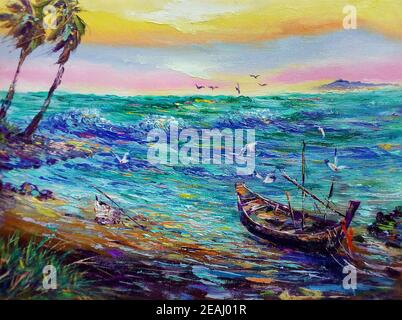 dipinti a mano capolavori originali dell'impressionismo pittura a olio pittura a olio mare e onde viaggio splendidi colori a phuket thailandia Foto Stock
