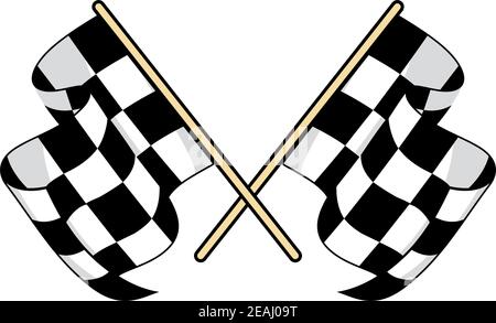 Icona bandiere a scacchi per il design motoristico con croce nera e. bandiere bianche che sventolano nella brezza Illustrazione Vettoriale