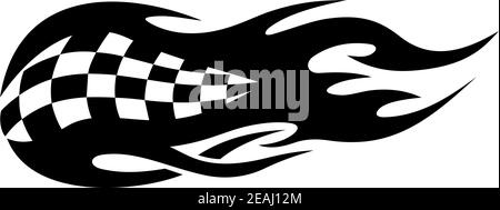 Tatuaggio con bandiera a scacchi in bianco e nero che raffigura la velocità sport motoristici da scarichi fiammeggianti di automobili o biciclette Illustrazione Vettoriale