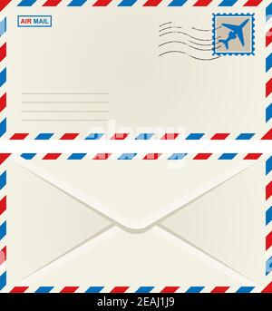 Fronte e retro di una busta di posta aerea non indirizzata con un francobollo di aereo e la cancellazione di affrancatura postale, illustrazione vettoriale isolato su bianco Illustrazione Vettoriale