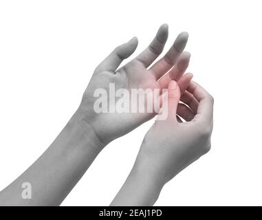 Immagine del dolore della mano. Mano femminile nera e bianca con punti di dolore contrassegnati in rosso Foto Stock