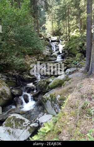 Torrente di montagna nella gola della Passiria - escursionismo sulla gola della Valle del Passeier tra Moos e San Leonhard Foto Stock