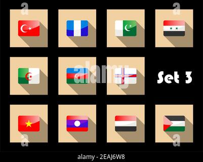 Set di icone a bandiera piatta dei paesi dell'Est di Turchia, Pakistan, Siria, Iran, Yemen, Azerbaigian, Thailandia, Vietnam per la progettazione Illustrazione Vettoriale