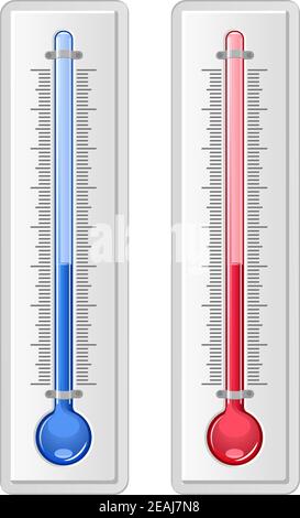 Due termometri, uno rosso caldo e uno blu freddo, entrambi mostrano lo stesso livello di mercurio per la misurazione della temperatura estiva e invernale, isolo Illustrazione Vettoriale