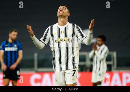 Cristiano Ronaldo del Juventus FC delusione durante la partita di calcio Coppa Italia tra Juventus e FC Internazionale. Stadi sportivi aroun Foto Stock